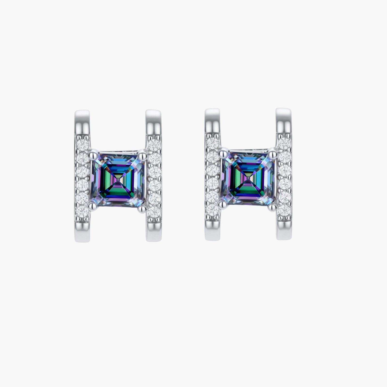 Square moissanite studs in sterling silver geometric setting showing rainbow prismatic fire on white background.