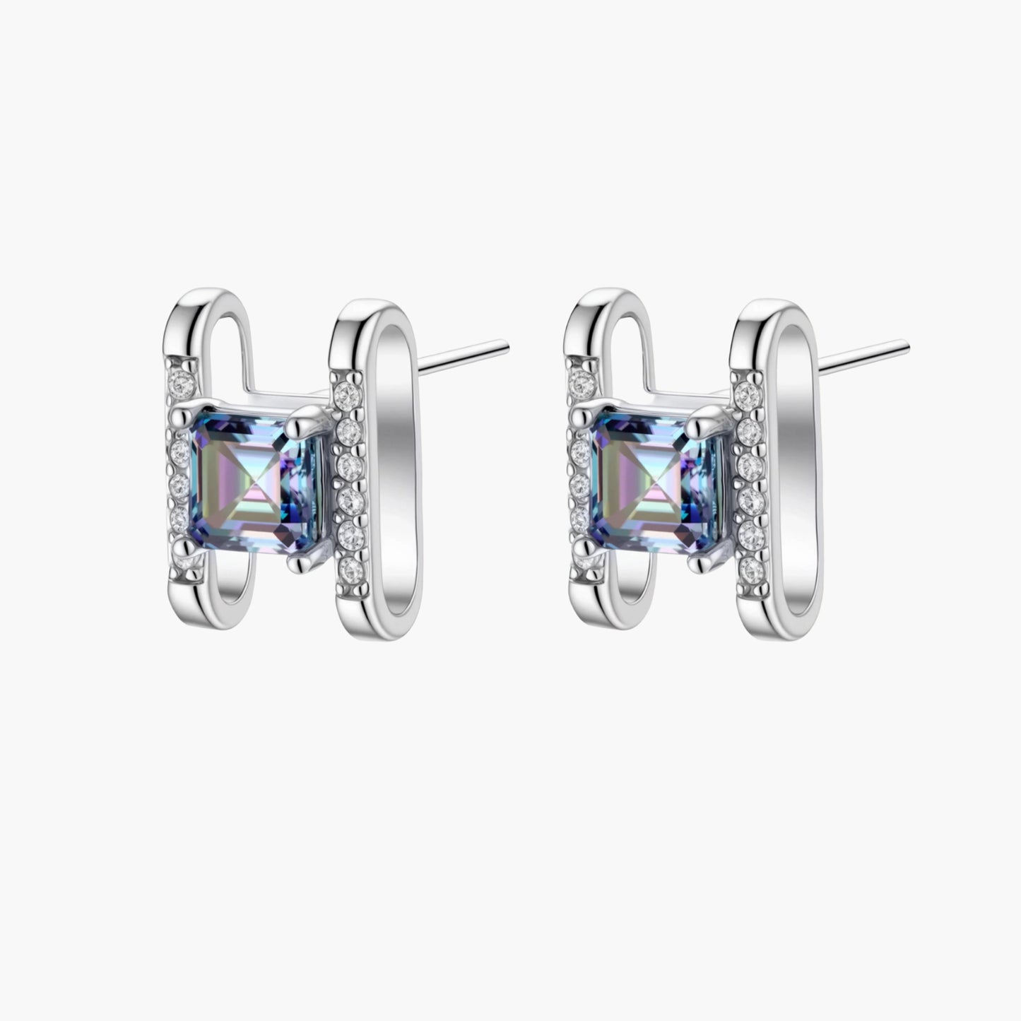 Square moissanite studs in sterling silver geometric setting showing rainbow prismatic fire on white background.