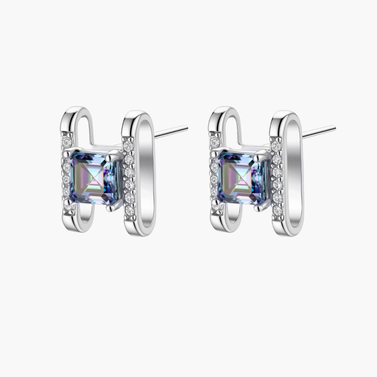 Square moissanite studs in sterling silver geometric setting showing rainbow prismatic fire on white background.