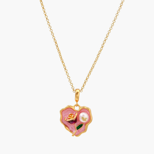 Heart-shaped pendant with pink enamel, rose design, freshwater pearl flower, and gold scalloped frame on delicate chain